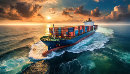 A cargo ship loaded with containers Sailing off the sea with a cloudy sunset background - obrazy, fototapety, plakaty