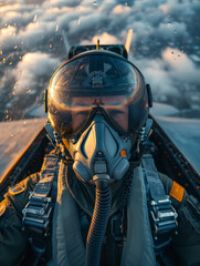 Fototapeta premium Military fighter pilot in cockpit flies supersonic fighter jet over the clouds