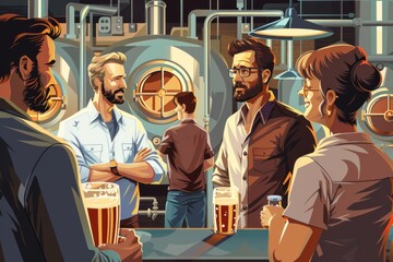 Busy Craft Beer Brewery Interior With People and Brewing Equipment