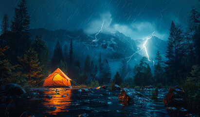 Glowing orange tent is pitched on the banks of mountain river at night during lightning storm. great camping adventure.