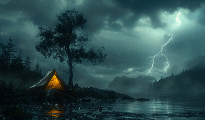 Glowing yellow tent sits on small island in lake during thunderstorm.
