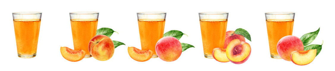 Watercolor illustration of peaches juice set close up. Glass of juice with peaches. Design template for packaging, menu, postcards