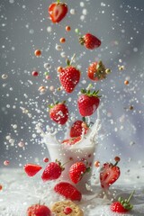 A desert, strawberry, cream, and cookies. Splashed in a milk, isolated on a white backdrop