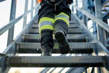 person in safety gear walking down a metal staircase