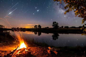 campsite with lit fire, bright meteors reflected on a nearby lake - obrazy, fototapety, plakaty