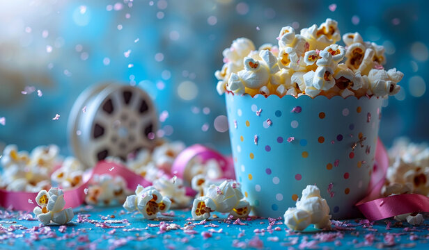 Popcorn and movie projector on blue background