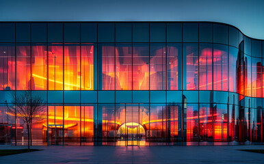 Modern building with colorful sunset reflecting in the windows