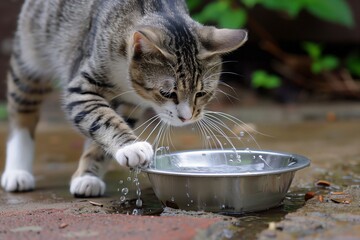 cat flicking water out of a pet bowl with paw