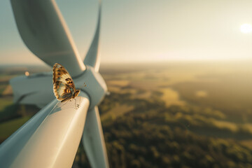 A Butterfly Sits On A Wind Turbine Blade High In The sky. Ai Generated. 