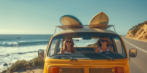 Two Female Surfers Ride On A Vintage Bus Along The Road Along The Ocean. Ai generated. 