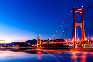 golden gate bridge at night, futuristic wallpaper background of the Golden Gate Bridge in neon blues and oranges - obrazy, fototapety, plakaty