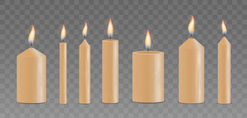 Set of realistic different Christmas, birthday, church and party glowing candle. 3d collection paraffin candles isolated on transparent background. Design template, clipart for graphics. Vector.