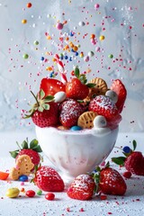 A desert, strawberry, cream, and cookies. Splashed in a milk, isolated on a white backdrop