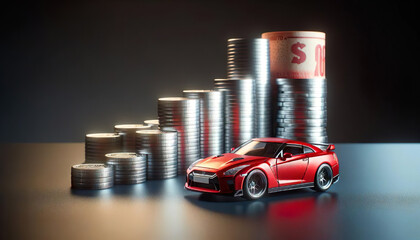 A small, red toy car sits beside towering stacks of coins on a wooden surface, symbolizing financial goals and savings
