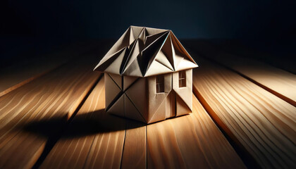 Origami home resting on wooden surface embodies calm