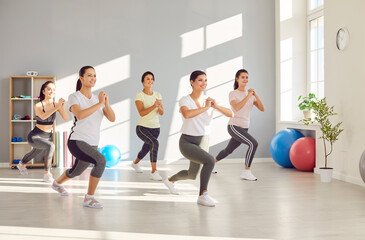 Fototapeta na wymiar Group of fit and active female group doing sport exercises in gym. Happy smiling women in sportswear having workout indoors together. Sport training, exercising and fitness concept.