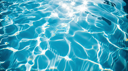 Clear water in swimming pool with ripple in clean aqua liquid. Summer wallpaper blue background and...