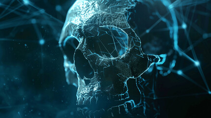 Digital  illustration of glowing human skull rotating against dark background coloristics and...