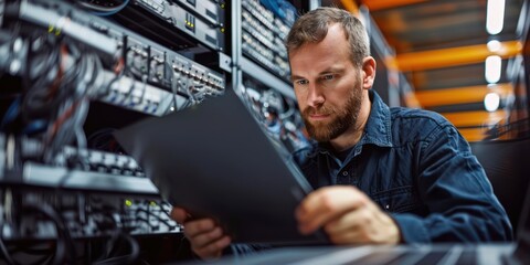 Male engineer working in server room at modern data center