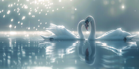A image of elegant swans gliding gracefully on a serene lake, their white feathers reflecting in the water - obrazy, fototapety, plakaty