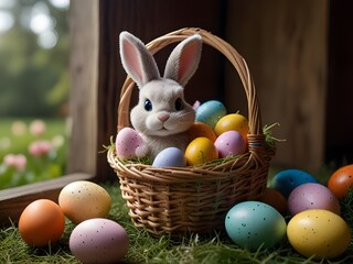 A bunny rabbit sits next to two easter eggs in the grass.