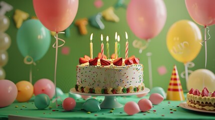 A birthday cake adorned with balloons and candles, set against a festive green backdrop.
