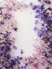Lavender and wildflowers border on pastel pink background. Panoramic floral frame with copy space. Design for spa, relaxation, and natural beauty themes