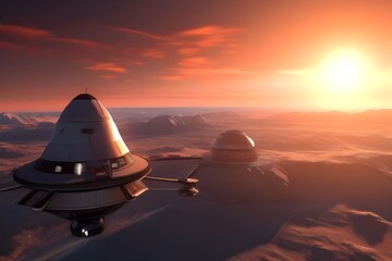 In this image, there is a spaceship-shaped both in orange deserts. The sun is shining brightly in the sky.

