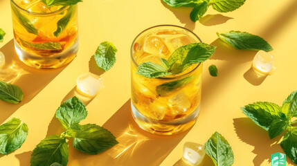 Closeup of tall glass with mint julep cocktail with ice cubes and green leaves on a table. The scene is refreshing and relaxing. Ai generated