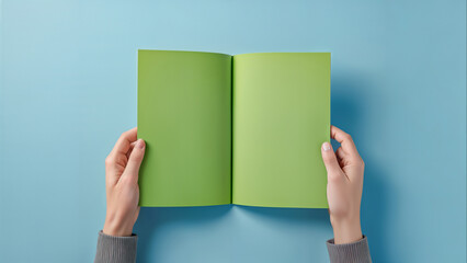 Hand holding blank brochure booklet or book mockup on blue background. Woman showing offset paper. Leaflet mock up holding hand. Booklet template. A5 paper sheet display read first person	