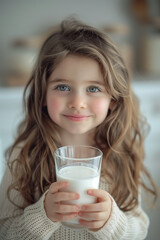 A pretty little girl with glass of milk, fresh milk, Adorable kid, curly hair, healthy diet