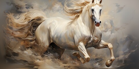 Visualize a horse with a long, flowing tail, with its graceful movements and elegant strides, - obrazy, fototapety, plakaty