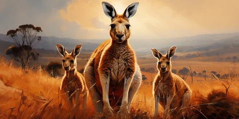 Zelfklevend Fotobehang Visualize a kangaroo family grazing peacefully in a grassy meadow, their synchronized movements © krishnendu