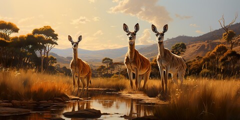 Visualize a kangaroo family grazing peacefully in a grassy meadow, their synchronized movements - obrazy, fototapety, plakaty