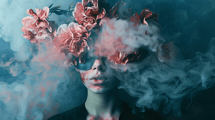 professional photo portrait of a girl in apainting smoke and fog mask with flower filters on a dark background, Generative AI.