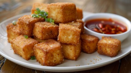 A tempting plate of crispy fried tofu, featuring cubes of firm tofu coated in a seasoned breadcrumb