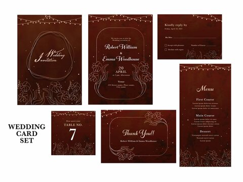 Floral Wedding Invitation Card Suite Template Layout Brown Color