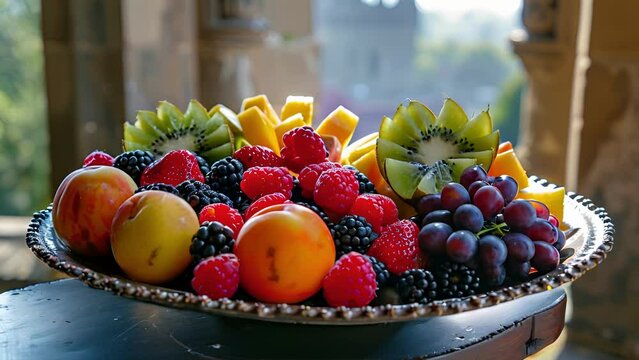 A closeup of a plate filled with a variety of fresh fruits arranged in a stunning display. The background shows an open window in the wall of a castle tower.
