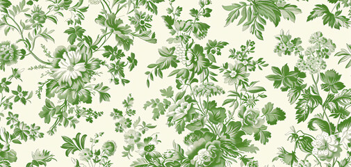Here's a prompt for an image of a Vintage French Floral Toile green pattern, evoking the joy and energy of the sunny season, Generative AI.