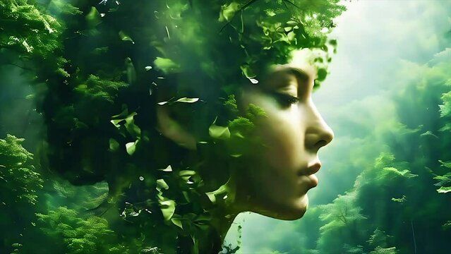 Double exposure, woman head seamlessly blended with a vivid green forest, trees and foliage subtly form facial contours, intertwining with hair for earth day