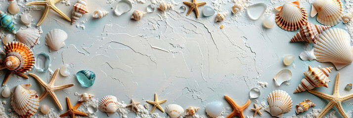 Fototapeta premium Assorted seashells and starfish frame on pale blue background with sea glass. Marine border design with copy space for summer concepts