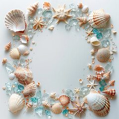 Obraz premium Assorted seashells and starfish frame on pale blue background with sea glass. Marine border design with copy space for summer concepts