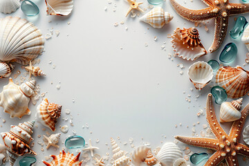 Assorted seashells and starfish frame on pale blue background with sea glass. Marine border design with copy space for summer concepts