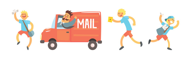 Postman Funny Character Delivering Post and Letters Vector Set