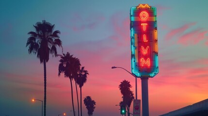Neon-lit motel sign with palm trees against a twilight sky, capturing the vintage vibe of a classic American roadside. - Powered by Adobe