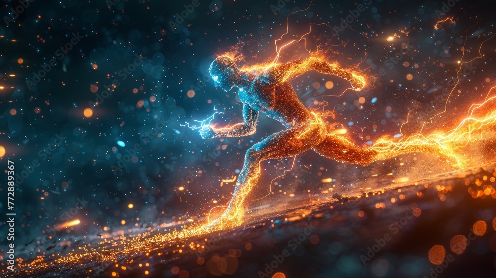 Poster Graph of digital man running with lightning element, concept of sport science