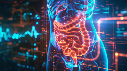 visualization portraying human health and digestion issues, where a medical glow surrounds the anatomy of the stomach coloristics and professional color processing, Generative AI. - obrazy, fototapety, plakaty