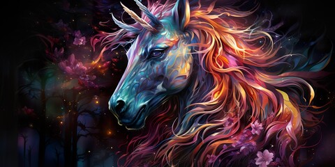 Visualize a majestic unicorn with a flowing rainbow-colored mane, its horn glimmering in the sunlight