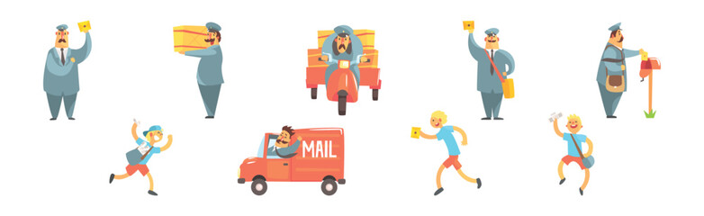 Postman Funny Character Delivering Post and Letters Vector Set
