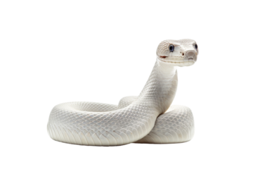 White Snake Statue Resting on White Floor. On a White or Clear Surface PNG Transparent Background..